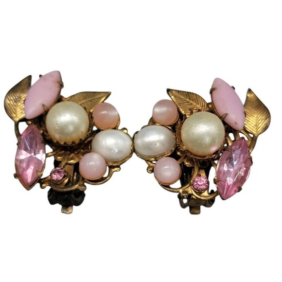 Floral Clip-On Earrings Pink Rhinestones & Faux Pearls Unsigned Miriam Haskell? - Picture 1 of 14